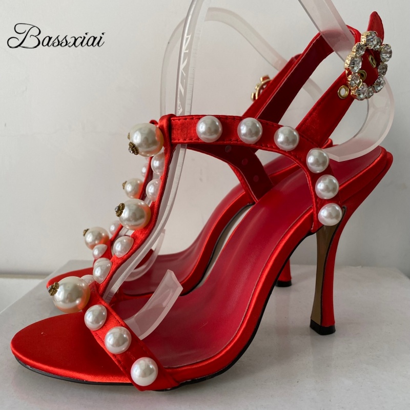 Sandal Strappy Heeled - パールビーズ装飾 Tストラップ スティレットヒール サンダル レディース 高級サテン