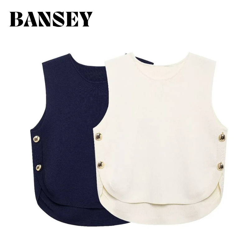 Crop Top Crochet - 2025 レディースシックなノースリーブトップ、サイドバックル付き非対称裾カジュアル O ネッククロップトップ
