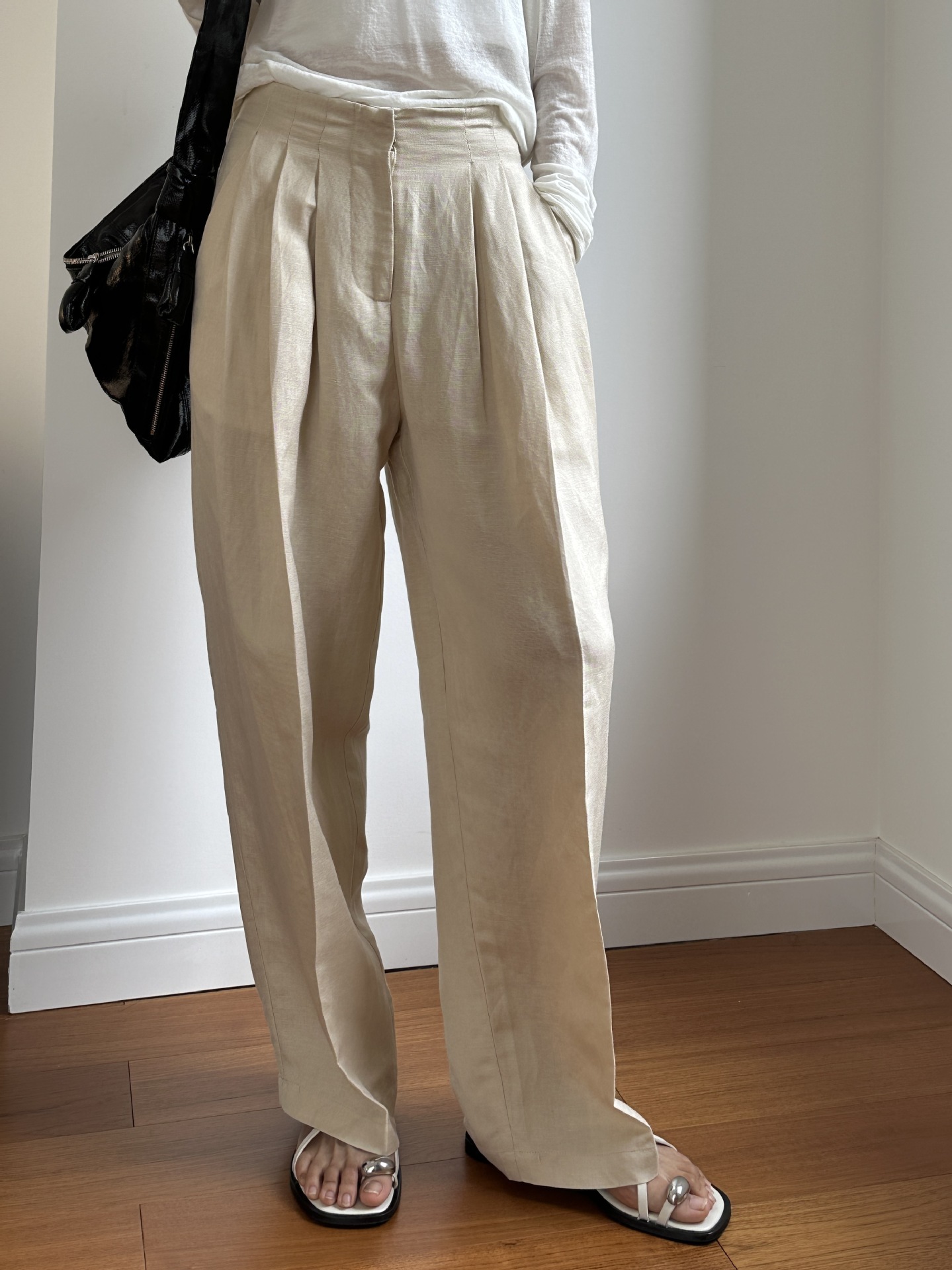 Linen Pant Wide - カジュアルリネンワイドレッグパンツプリーツ通勤ハイウエストストレートカットロングパンツ女性用綿混紡薄手サマーパンツ