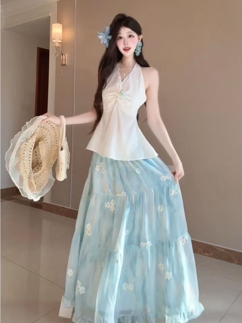 Midi Skirt Floral - フレンチリビエラバケーションスタイルビーチフラワープリントツーピースセットノースリーブVネックトップとミディスカート夏のファッション女性用E...