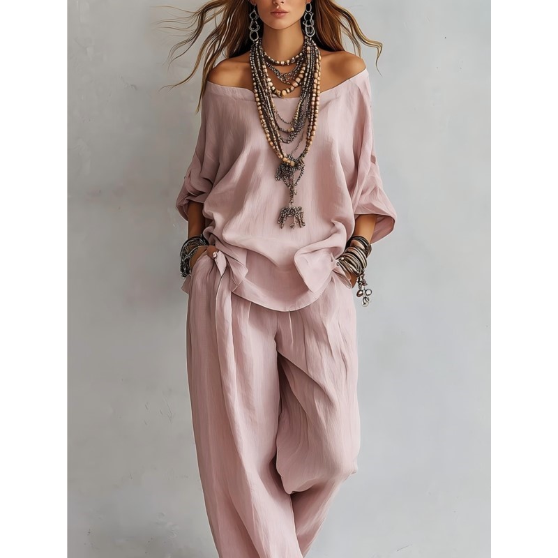 Linen Pant Wide - 夏の新作カジュアルルーズリネンレディースツーピースセット七分袖オフショルダートップワイドレッグパンツスーツ女性服