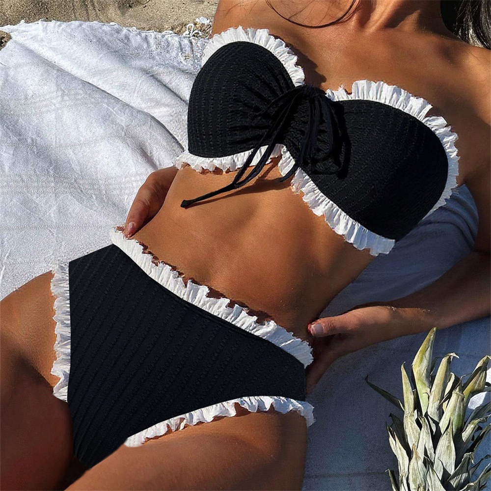 Swimsuit Bikini Ruched - セクシーな黒のバンドゥ水着、白いリブ編みの縁取り付きハイウエストビキニ、リブ編みの水着、女性用バケーションビーチウェア、水着