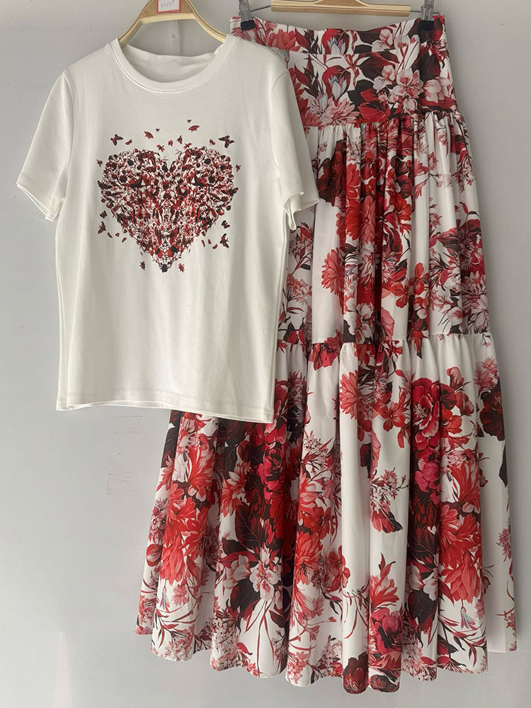 Midi Skirt Floral - 2026年新作夏レディース花柄セットアップ ラウンドネック半袖トップス ハイウエストプリーツミディスカート エレガントなホリデーマッチングスーツ