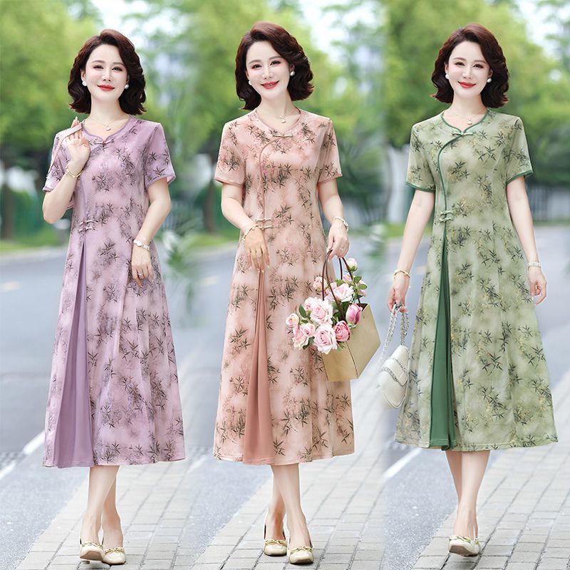 Midi Skirt Floral - 花柄プリントミディドレス 中年女性向け 夏の新作 半袖 通気性抜群 快適なゆったりフィット