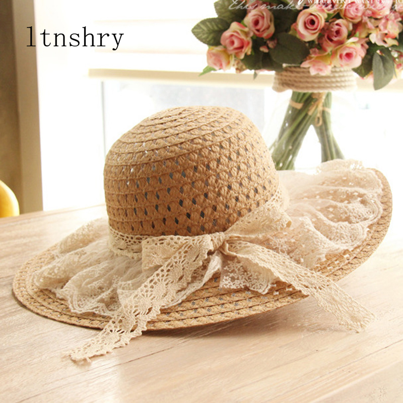 Hat Floppy Wide - 女性用レース付き日よけ帽,つばの広いビーチキャップ,丈夫なフリンジ付きストロー,夏用