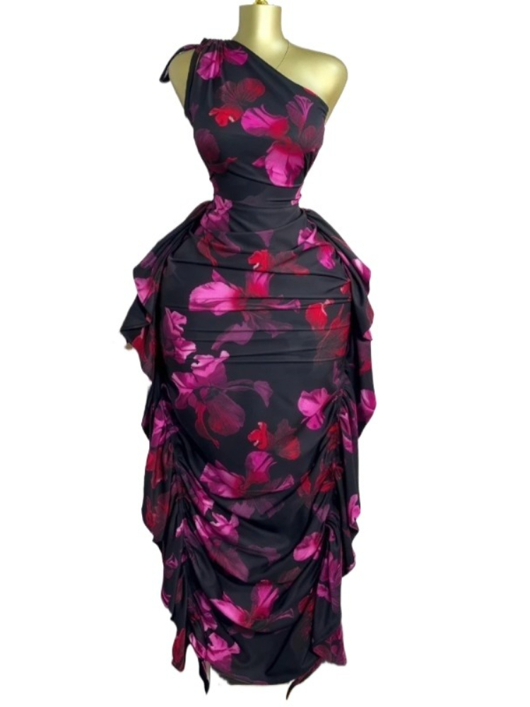Midi Skirt Floral - 女性用花柄プリントワンショルダースリーブレススタックドシャーリングボディコンミディマキシロングドレス2025セクシーパーティーイブニングドレス