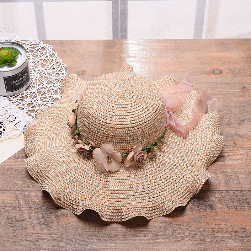 Hat Floppy Wide - 新しい韓国女性用フロッピー サン ハット - 屋外の日焼け防止のための花が付いたつば広ストロー ビーチ