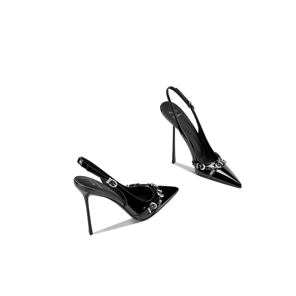 Sandal Strappy Heeled - ファッショナブルな黒のポインテッドトゥ細ヒールサンダル レディース 春夏新作 ストラップ付きオープントゥハイヒールサンダル