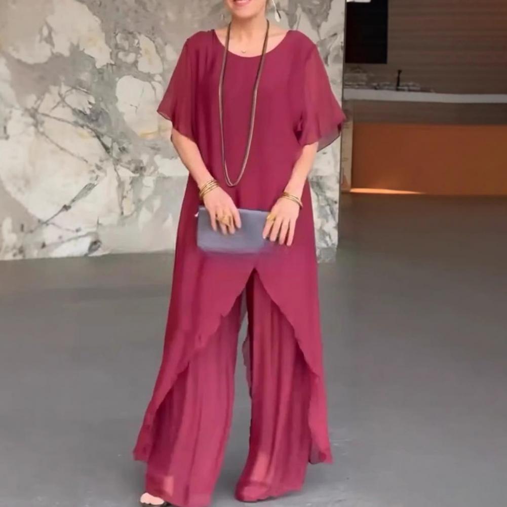 Linen Pant Wide - レディース綿麻パンツセット 2ピース カジュアル半袖無地ルーズブラウス＆ハイウエストワイドレッグフルパンツスーツ