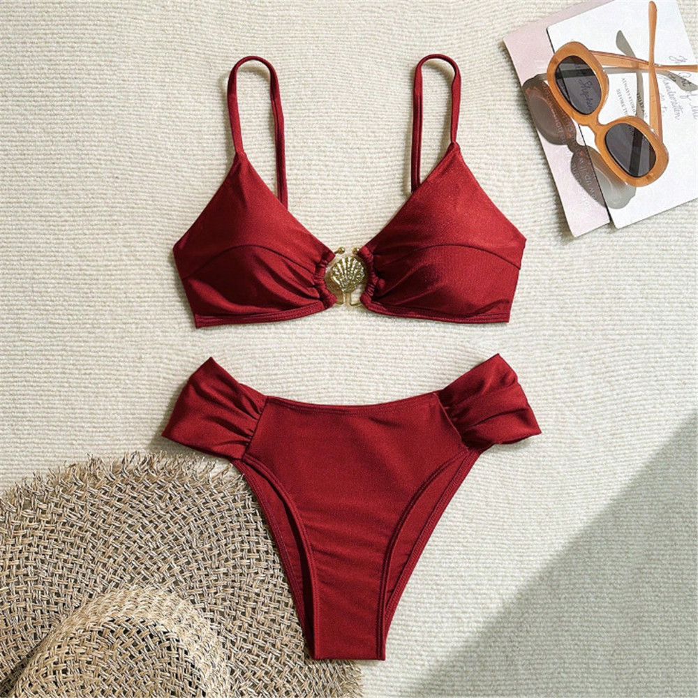 Swimsuit Bikini Ruched - メタルシェルリング水着セクシーワインレッドビキニセット水着女性用2026ラッフル水着水泳着ビキニデムヘール