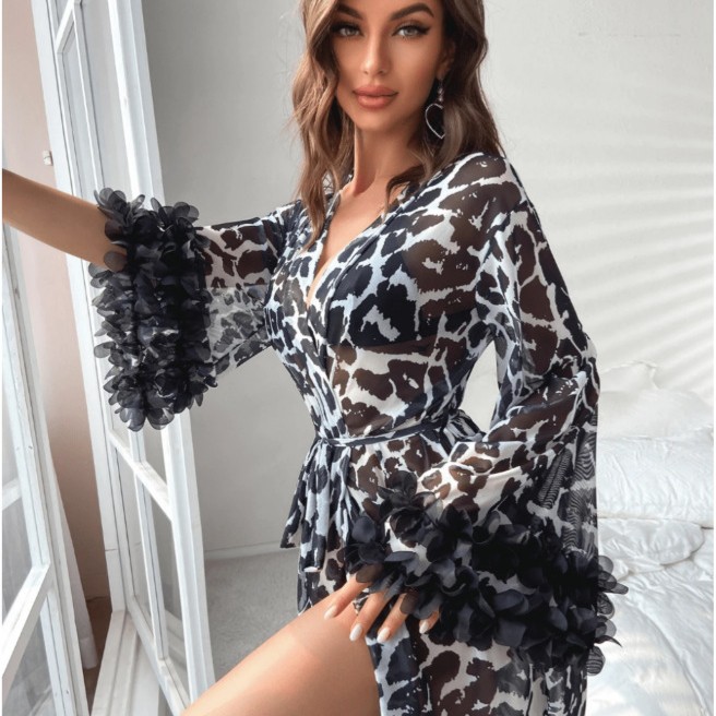 卸売女性ヒョウ柄シアーメッシュロング着物ローブ花柄フリルベル - Kimono Sheer Floral のレビューと価格