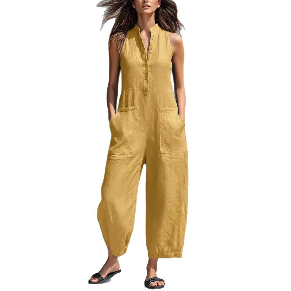 女性用 ノースリーブ マンダリンカラー ルーズフィット ソリ - Jumpsuit Linen Relaxed のレビューと価格