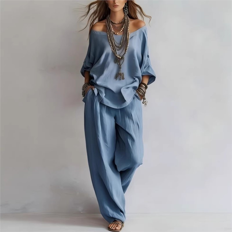 夏の新作カジュアルルーズリネンレディースツーピースセット七分 - Linen Pant Wide のレビューと価格