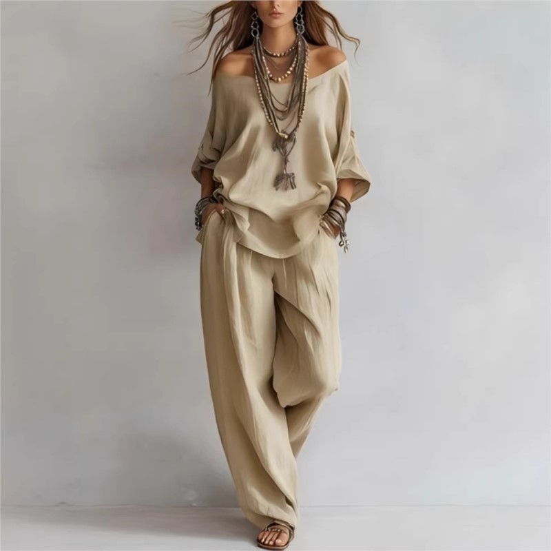 夏の新作カジュアルルーズリネンレディースツーピースセット七分 - Linen Pant Wide のレビューと価格