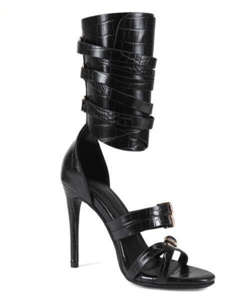 セクシーな黒革オープントゥクロスベルトバックルストラップサン - Sandal Strappy Heeled のレビューと価格