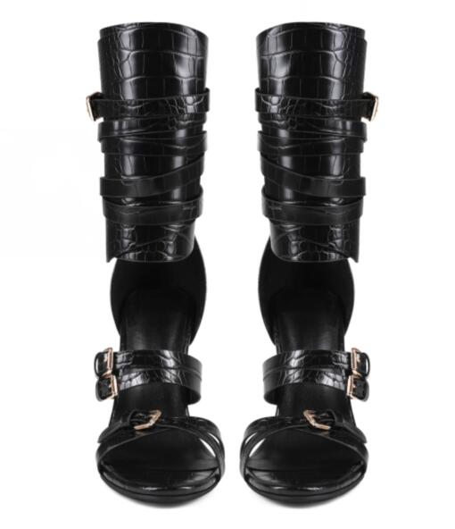 セクシーな黒革オープントゥクロスベルトバックルストラップサン - Sandal Strappy Heeled のレビューと価格