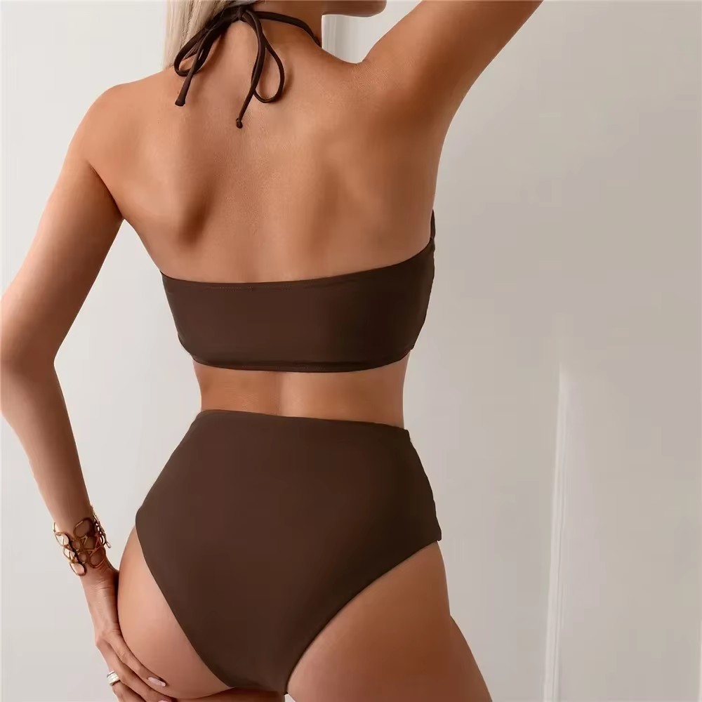ダークブラウンソリッド水着ホルターストリングプッシュアップビ - Swimsuit Bikini Ruched のレビューと価格