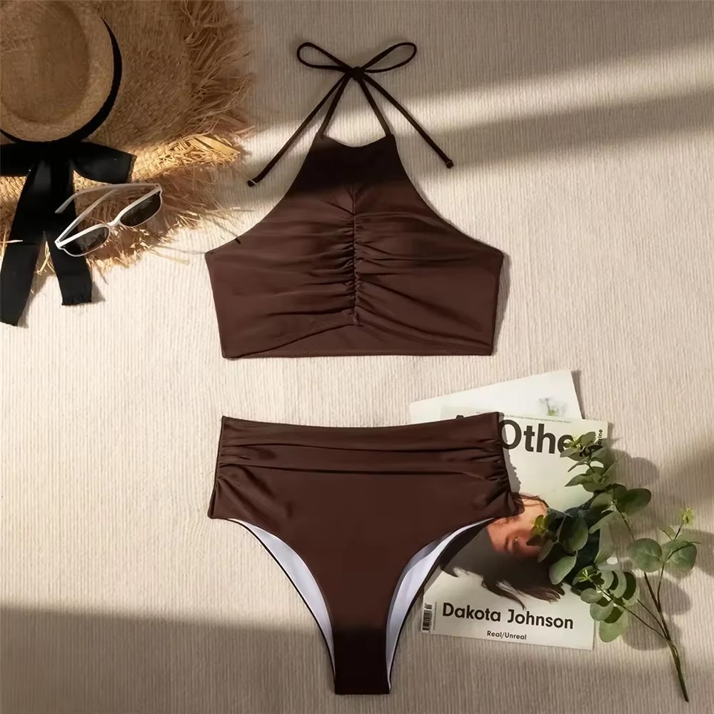 ダークブラウンソリッド水着ホルターストリングプッシュアップビ - Swimsuit Bikini Ruched のレビューと価格