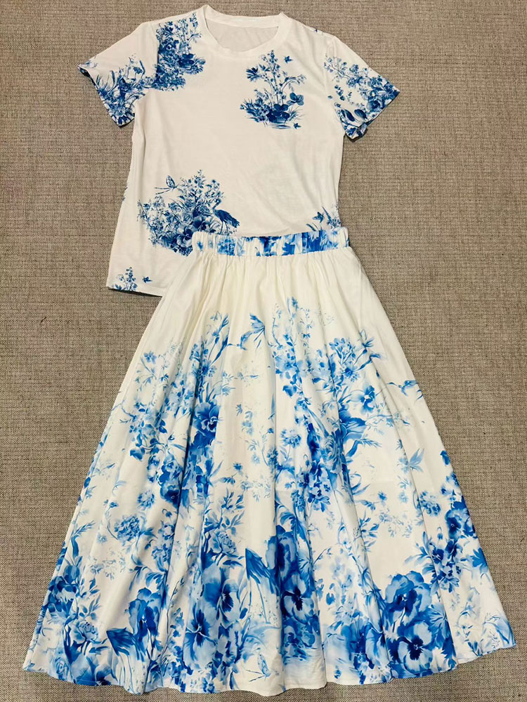 2026年新作夏レディース花柄セットアップ ラウンドネック半 - Midi Skirt Floral のレビューと価格