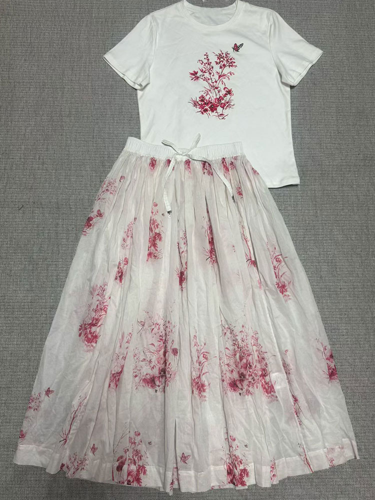 2026年新作夏レディース花柄セットアップ ラウンドネック半 - Midi Skirt Floral のレビューと価格
