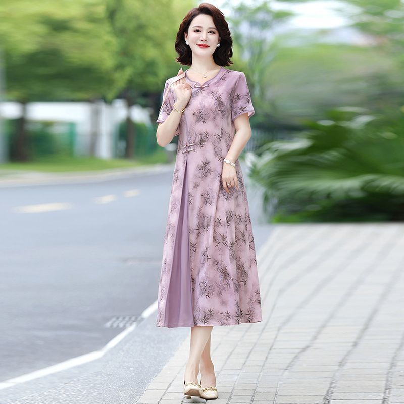 花柄プリントミディドレス 中年女性向け 夏の新作 半袖 通気 - Midi Skirt Floral のレビューと価格
