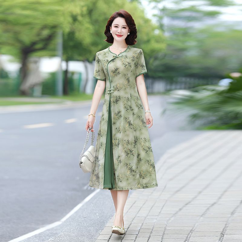 花柄プリントミディドレス 中年女性向け 夏の新作 半袖 通気 - Midi Skirt Floral のレビューと価格