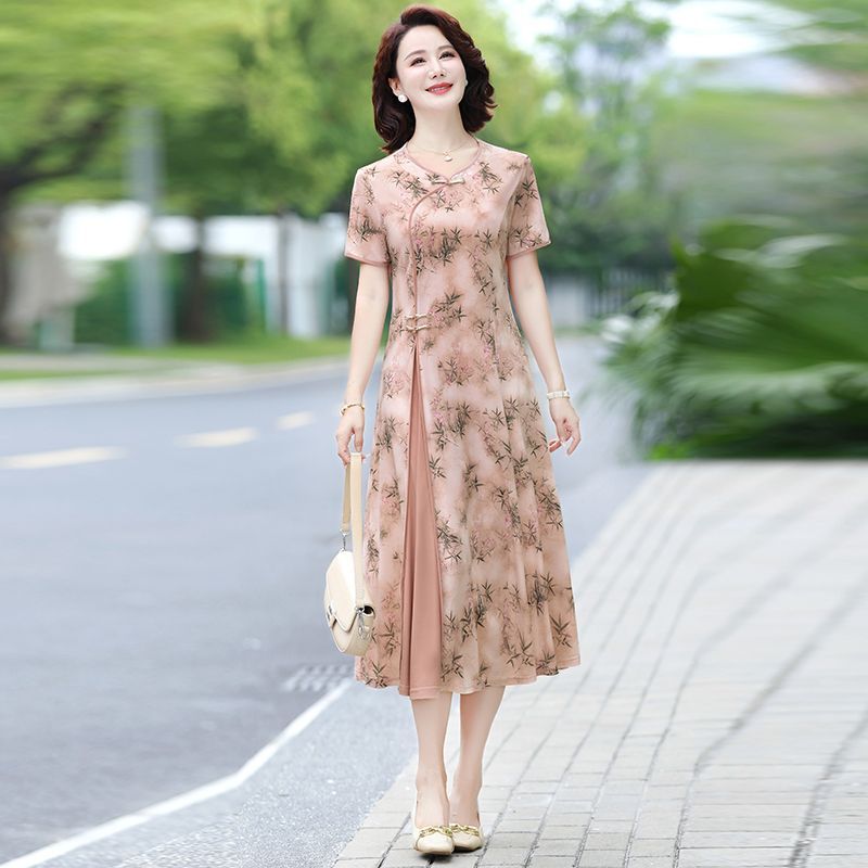 花柄プリントミディドレス 中年女性向け 夏の新作 半袖 通気 - Midi Skirt Floral のレビューと価格