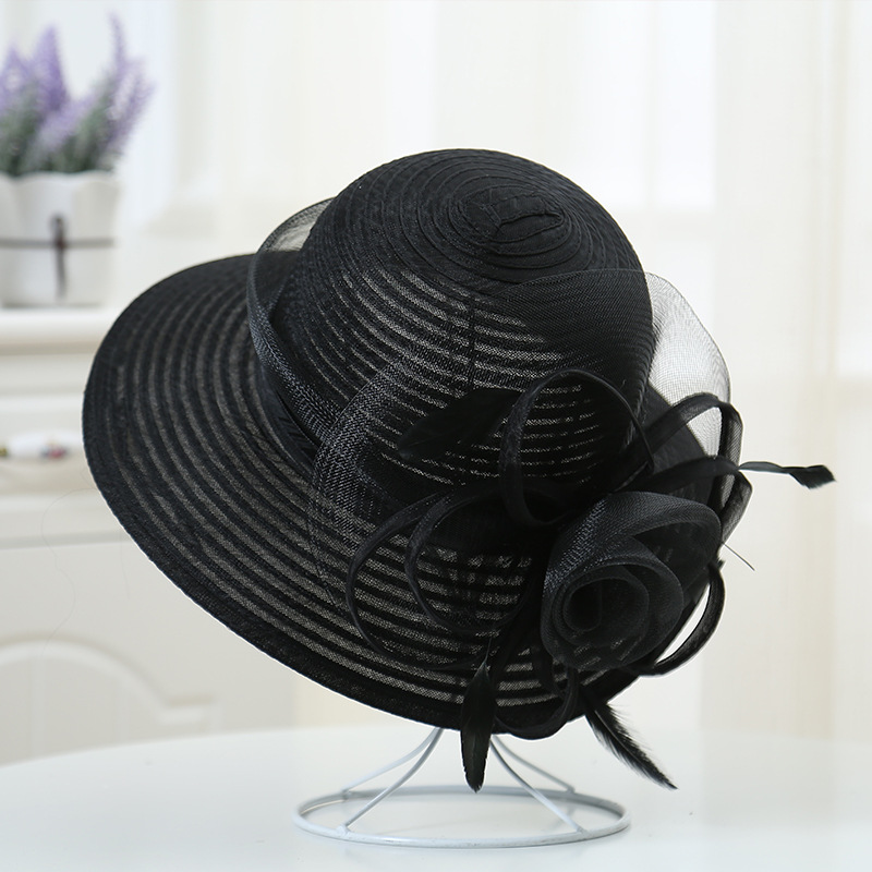 女性のための広い絹のような夏の帽子,大きなサテンの花,羽のあ - Hat Floppy Wide のレビューと価格