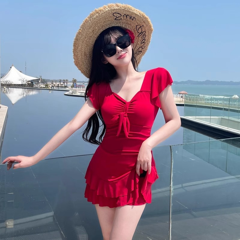 女性用 レッド V ネック スカート付きワンピース水着 半袖 - Swimsuit Bikini Ruched のレビューと価格