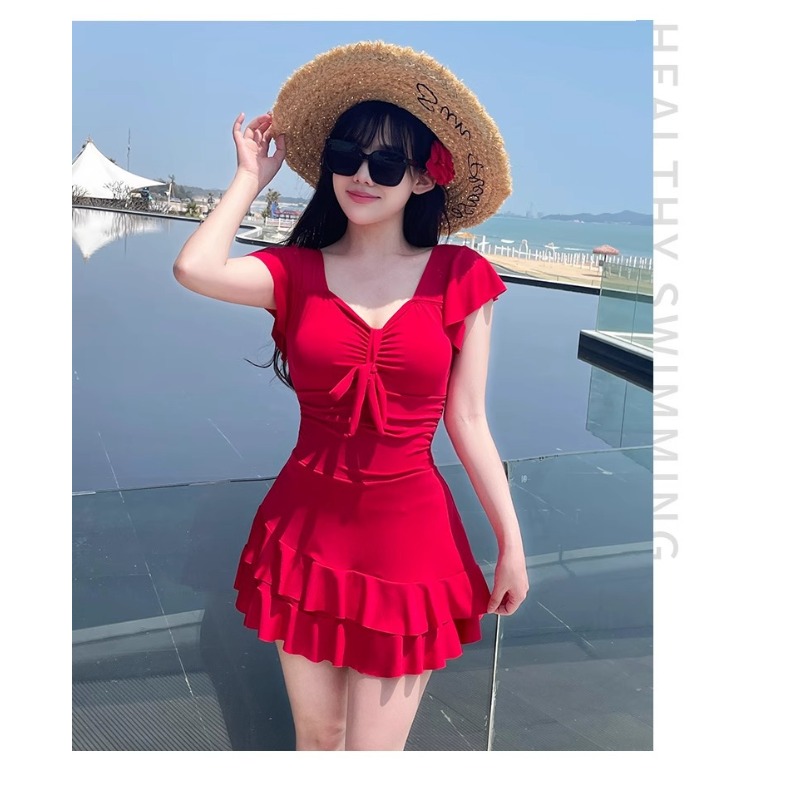 女性用 レッド V ネック スカート付きワンピース水着 半袖 - Swimsuit Bikini Ruched のレビューと価格