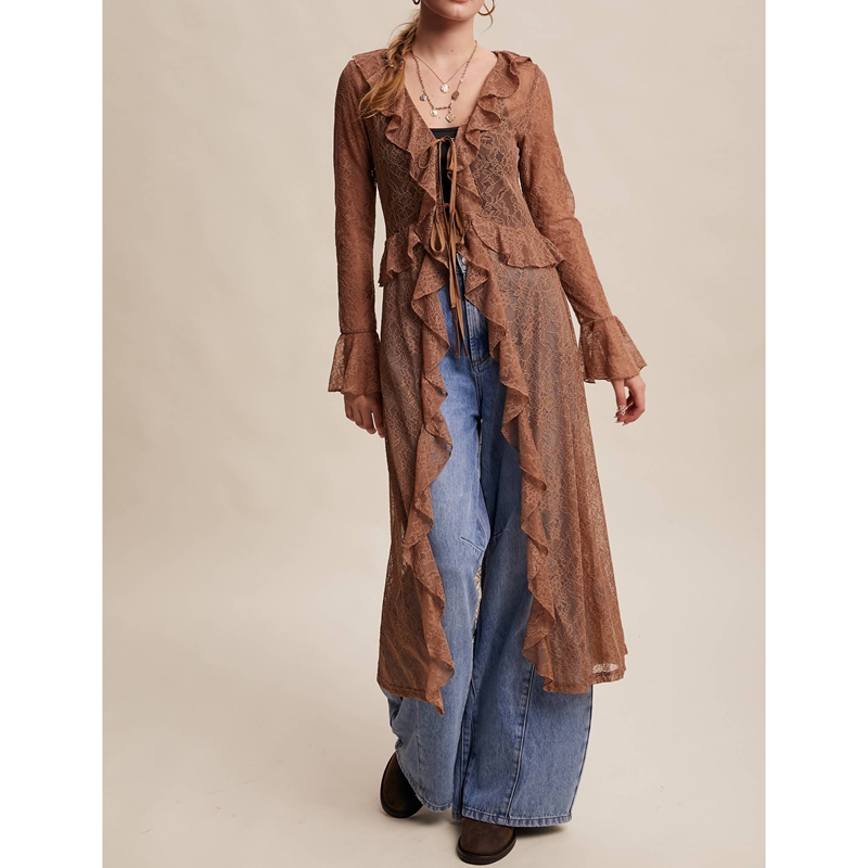 レディース花柄レースメッシュタイフロントマキシトップ、フリル - Kimono Sheer Floral のレビューと価格