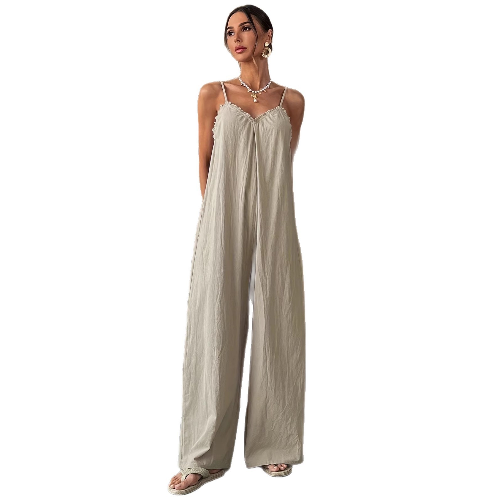 夏の女性用ジャンプスーツ ノースリーブ Vネック スパゲッテ - Jumpsuit Linen Relaxed のレビューと価格