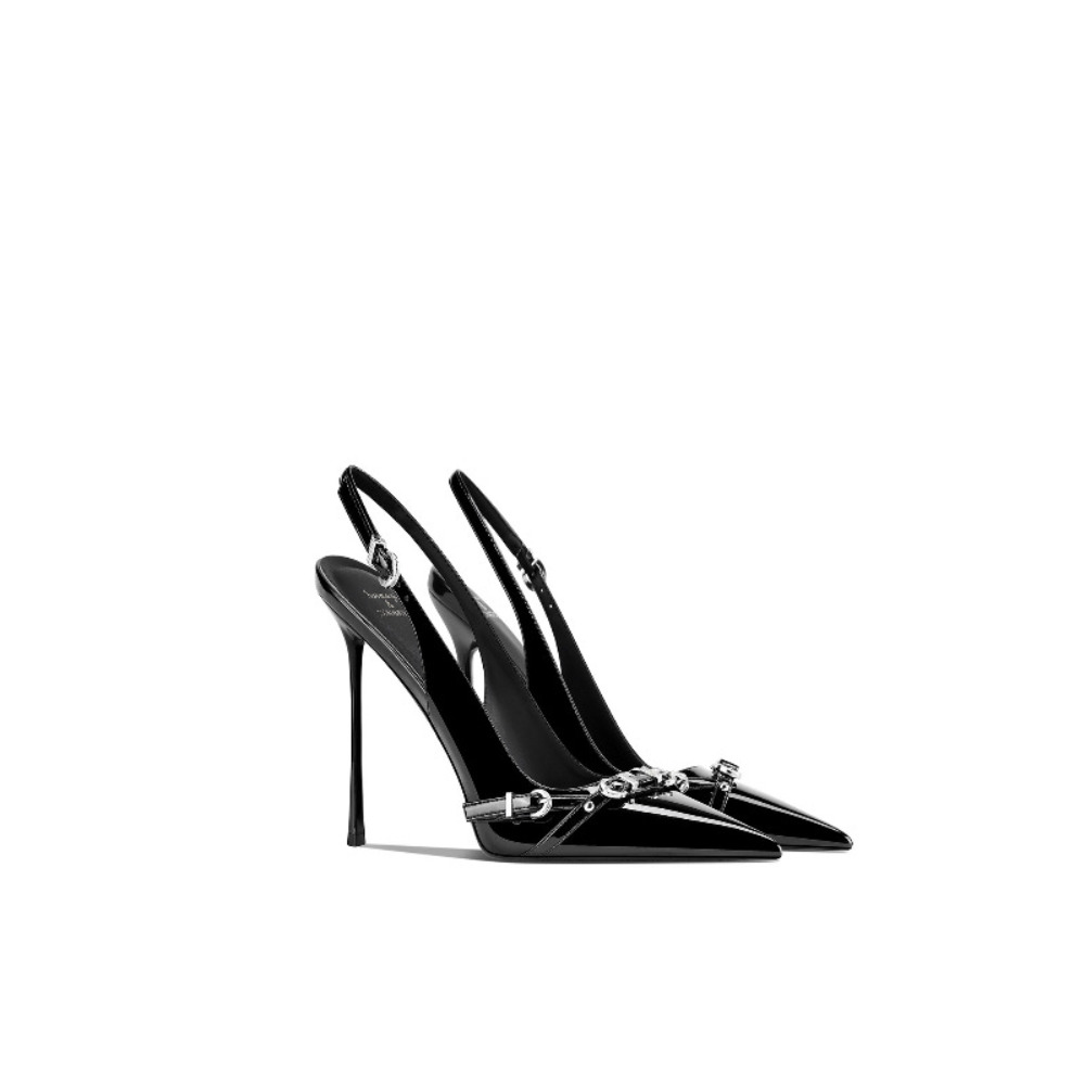 ファッショナブルな黒のポインテッドトゥ細ヒールサンダル レデ - Sandal Strappy Heeled のレビューと価格