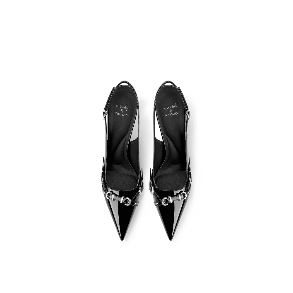 ファッショナブルな黒のポインテッドトゥ細ヒールサンダル レデ - Sandal Strappy Heeled のレビューと価格