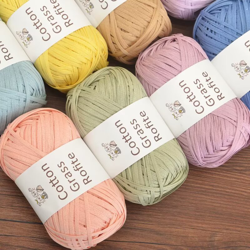 新しい多色ラフィア綿草糸フラットリボンかぎ針編み糸夏帽子ハン - Crochet Bag Raffia のレビューと価格