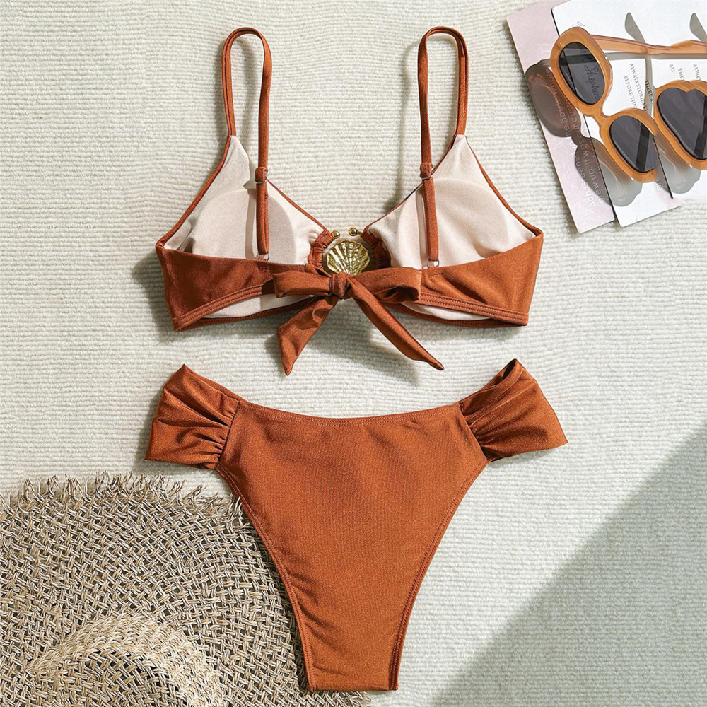 メタルシェルリング水着セクシーワインレッドビキニセット水着女 - Swimsuit Bikini Ruched のレビューと価格
