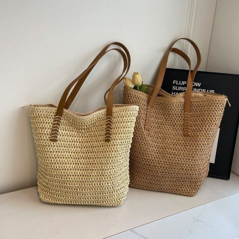 かわいい無地織りストロートートバッグスクエア織りビーチハンド - Tote Bag Beach のレビューと価格