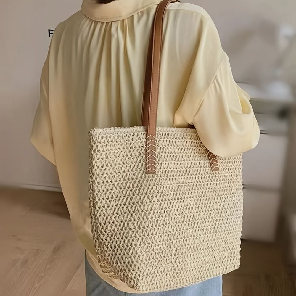 かわいい無地織りストロートートバッグスクエア織りビーチハンド - Tote Bag Beach のレビューと価格
