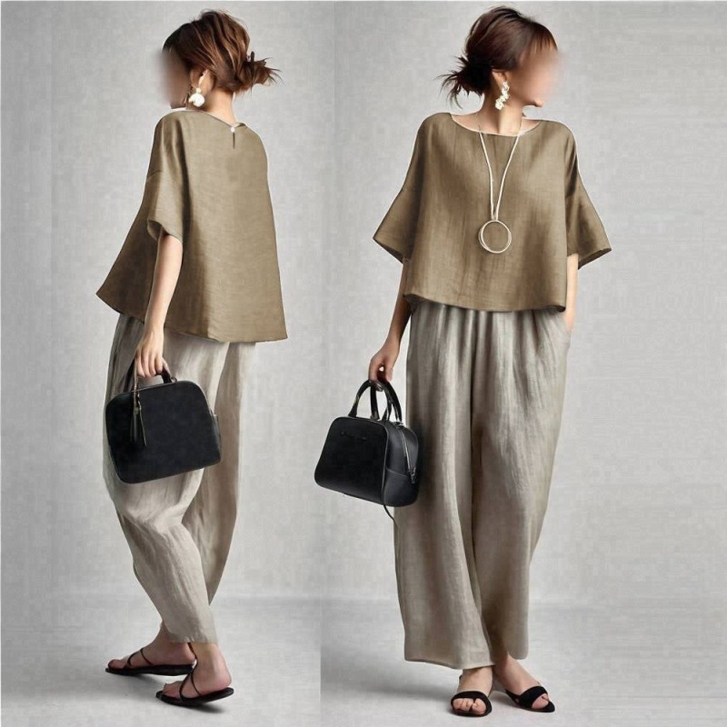 ツーピース レディース パンツセット 無地 マッチングセット - Linen Pant Wide のレビューと価格